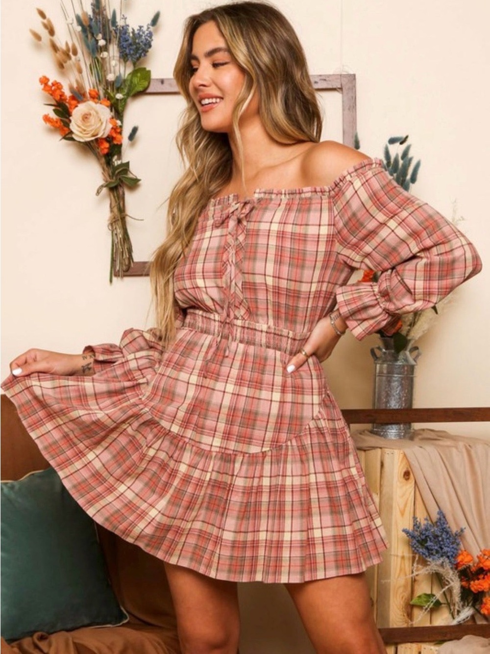 Off-Shoulder Plaid Tiered Mini Dress - Pink